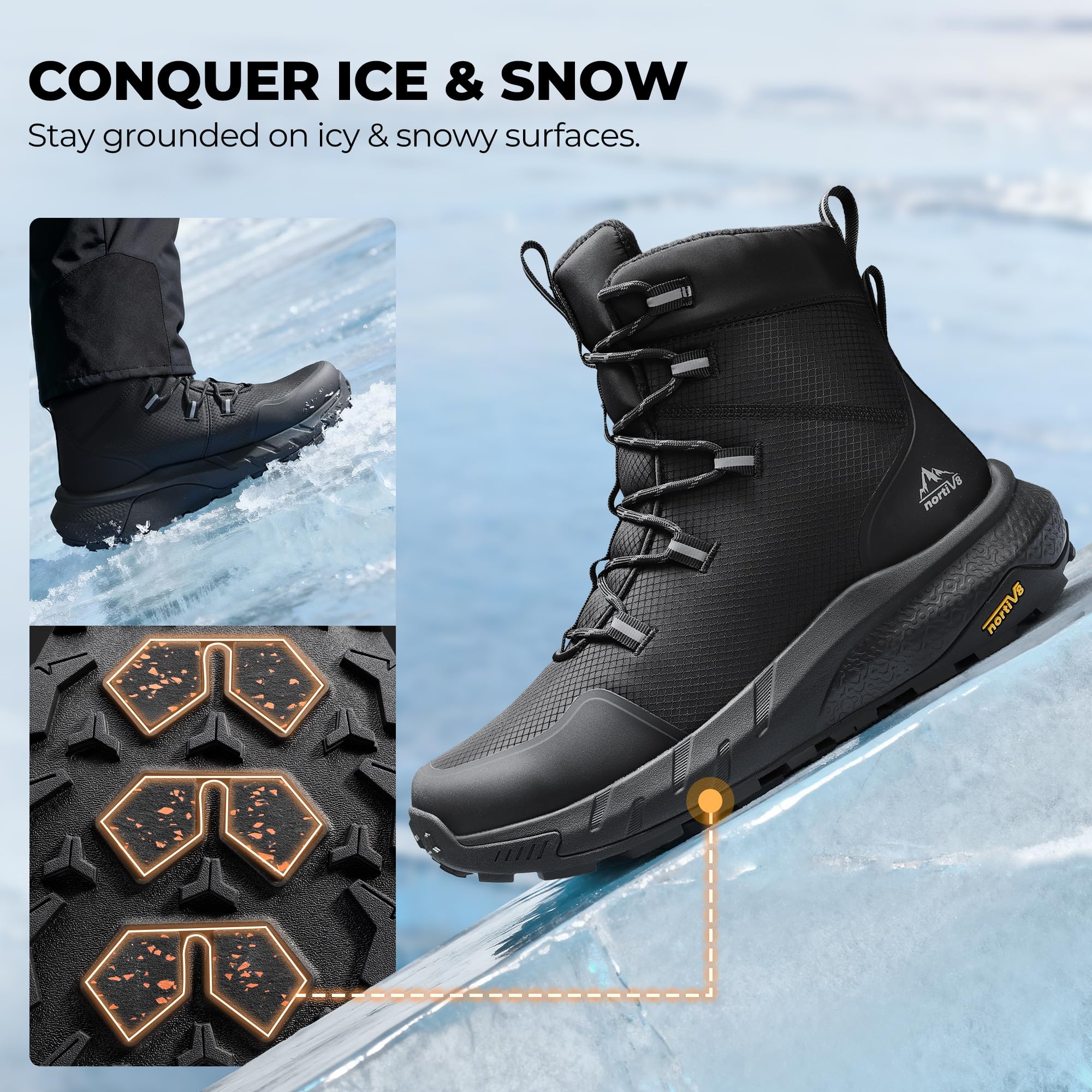 NORTIV 8 Men's Wide Winter Boots Grip on Snow Ice Insulated Waterproof Lightweight Comfortable Hiking Outdoor Boots - Image 3