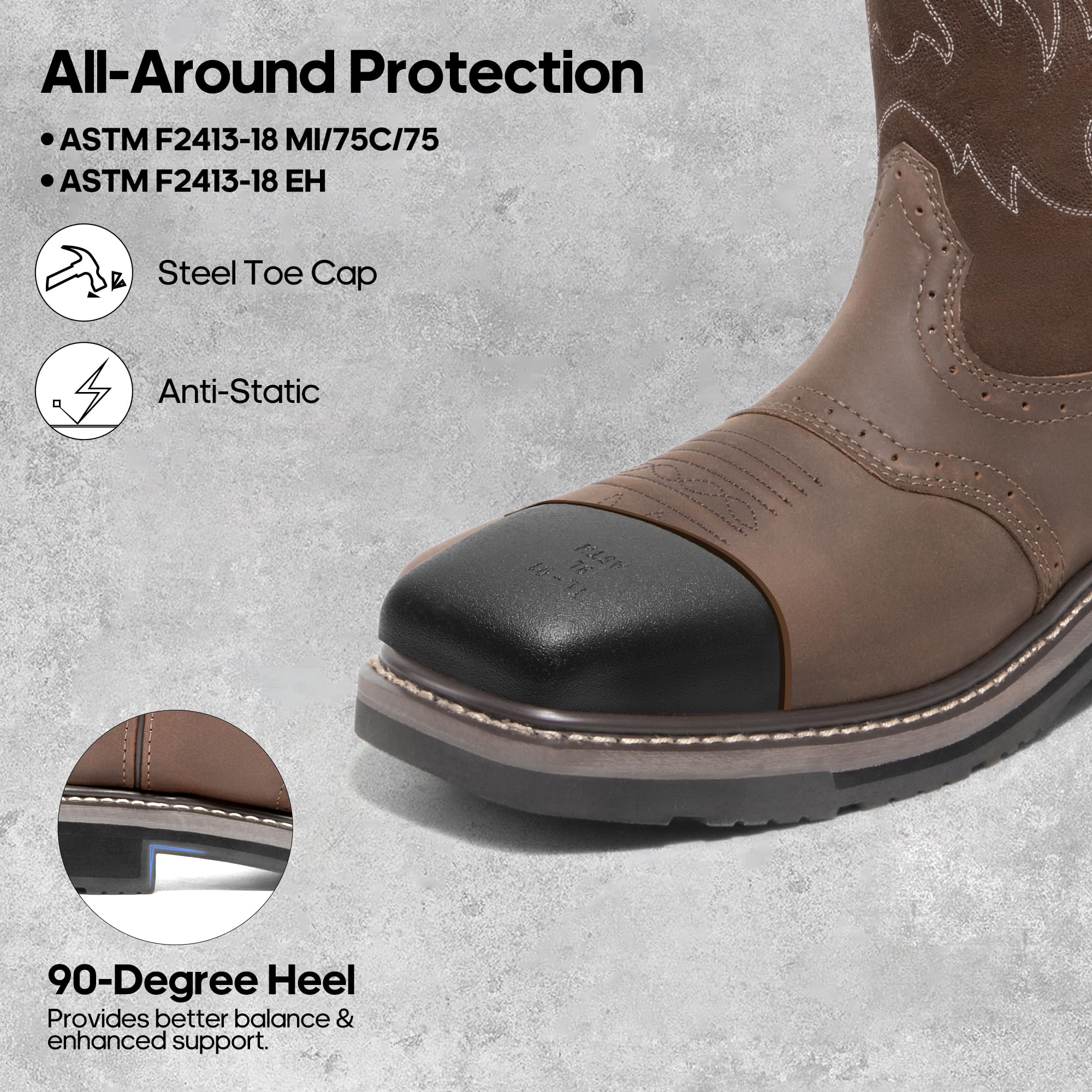 NORTIV 8 Steel Toe Cowboy Boots for Men Western Square Toe Leather Work Boots with Hazard Protection,for Construction Farming Bronco Trailblazer - Image 6