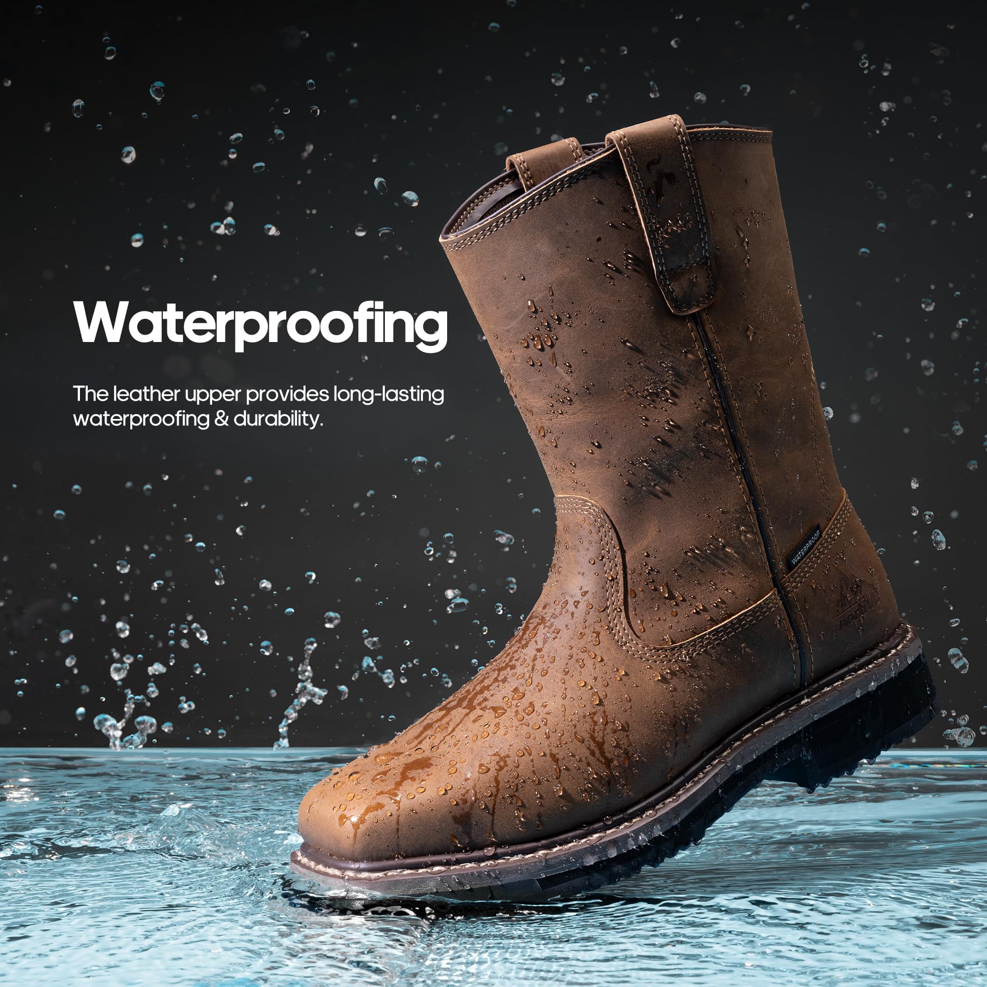 NORTIV 8 Steel Toe Work Boots for Men – Waterproof Pull on Wellington Cowboy Boots for Men with Full-grain Leather for Construction, Farming Bronco Stormrider - Image 6