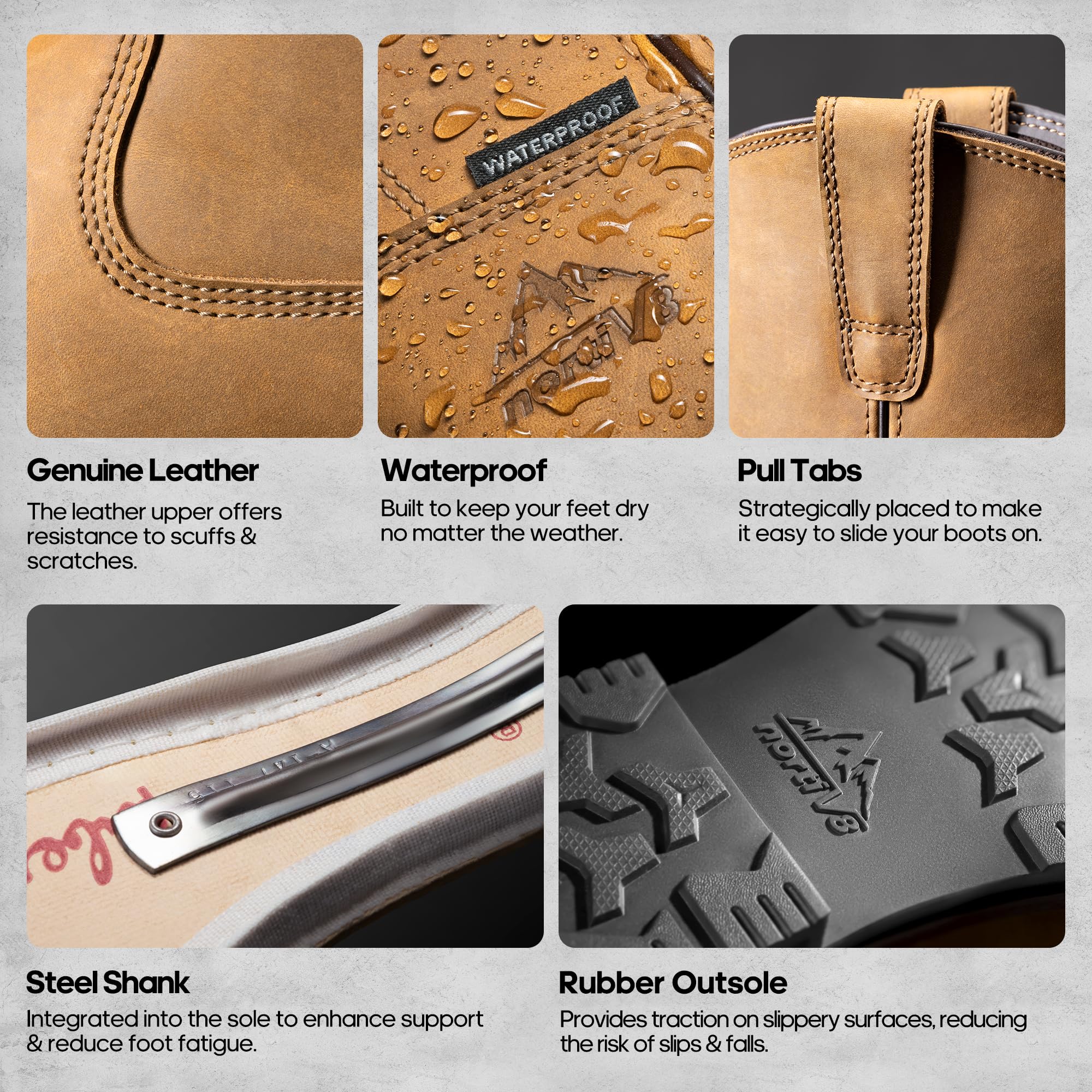 NORTIV 8 Steel Toe Work Boots for Men – Waterproof Pull on Wellington Cowboy Boots for Men with Full-grain Leather for Construction, Farming Bronco Stormrider - Image 3